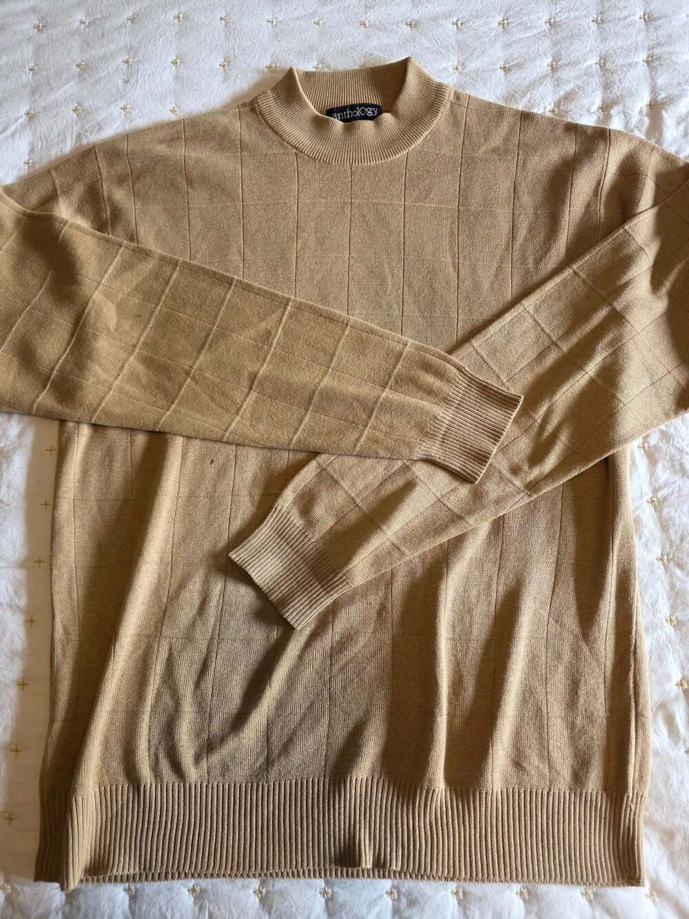 Anthology Mock Neck Sweater Medium Tan Silk Cotton Blend Grid‎ Textured Pullover